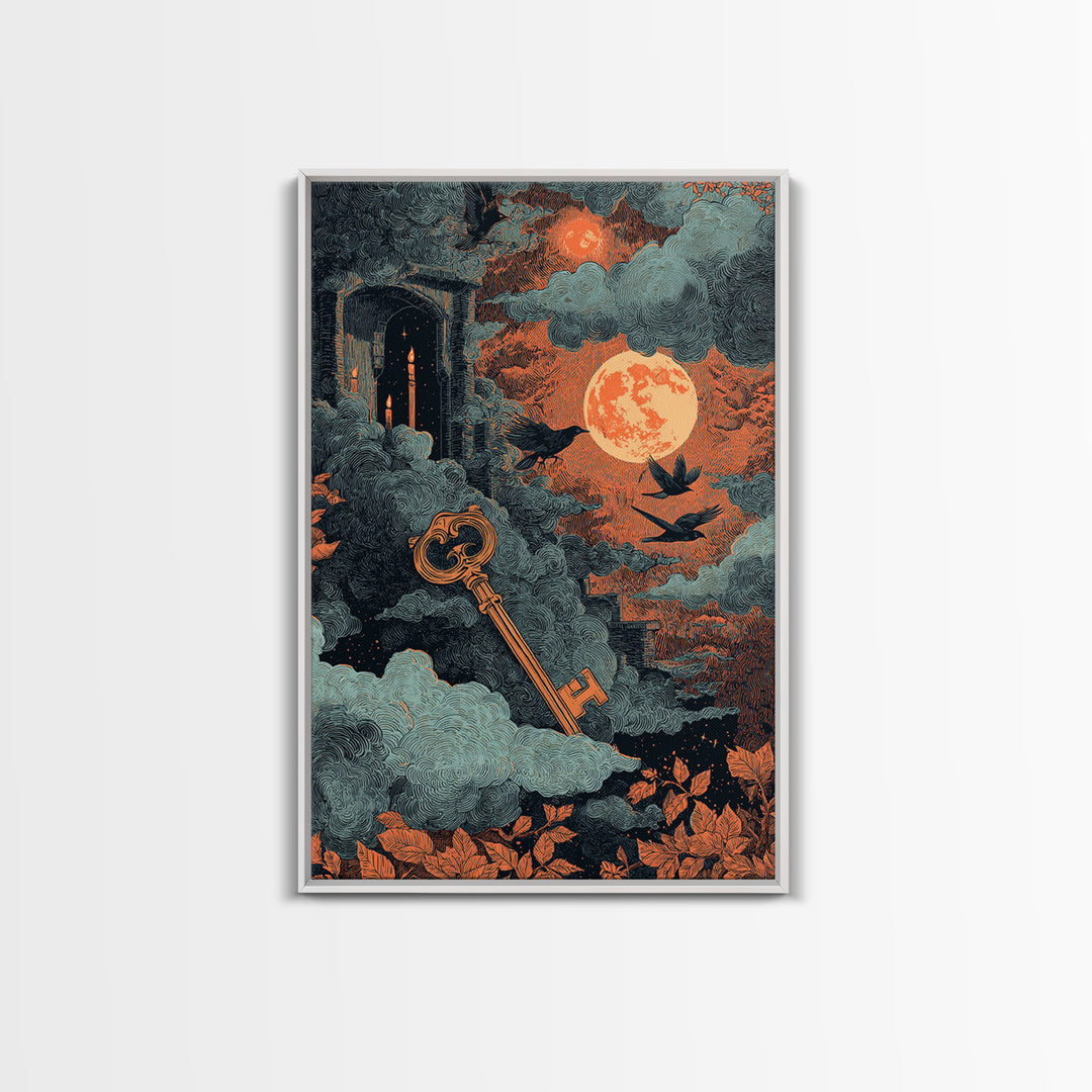 The Bone Key Still Life - Surreal Celestial Vision, Spooky Wall Decor, Vertical Wall Art, Framed Canvas Print, Halloween Home Decor