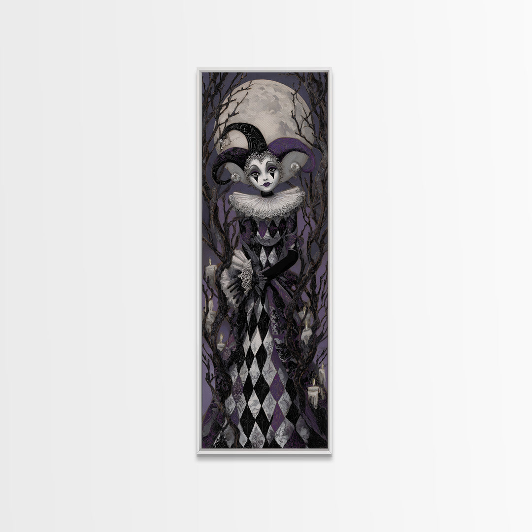 The Haunted Harlequin Doll - Icon Portrait, Halloween Wall Art, Tall Narrow Wall Art, Framed Canvas Print, Halloween Home Decor
