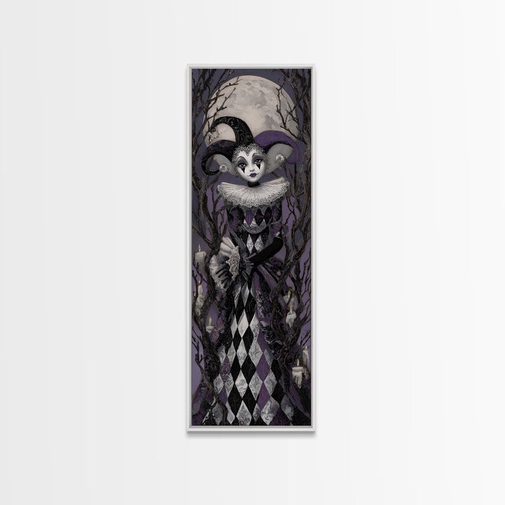 The Haunted Harlequin Doll - Icon Portrait, Halloween Wall Art, Tall Narrow Wall Art, Framed Canvas Print, Halloween Home Decor
