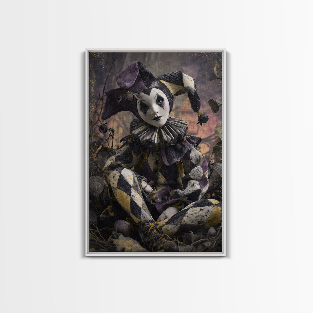 The Haunted Harlequin Doll - Environmental Panorama, Macabre Halloween Art, Vertical Wall Art, Framed Canvas Print, Halloween Home Decor