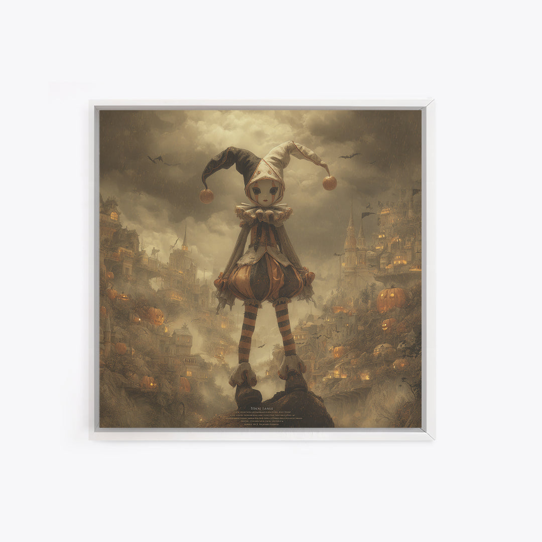 The Haunted Harlequin Doll - Environmental Panorama, Spooky Wall Decor, Square Wall Art, Framed Canvas Print, Halloween Home Decor