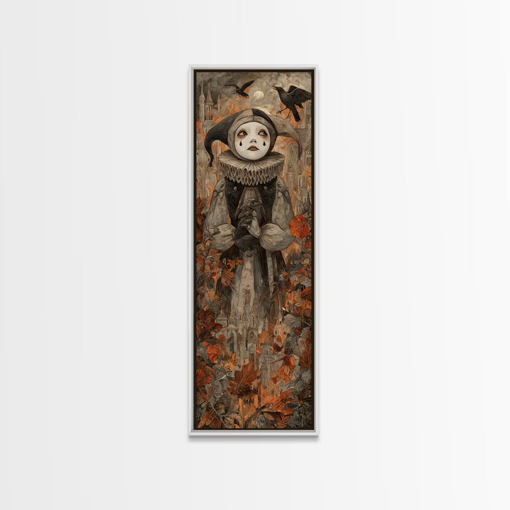 The Haunted Harlequin Doll - Environmental Panorama, Halloween Wall Art, Tall Narrow Wall Art, Framed Canvas Print, Halloween Home Decor