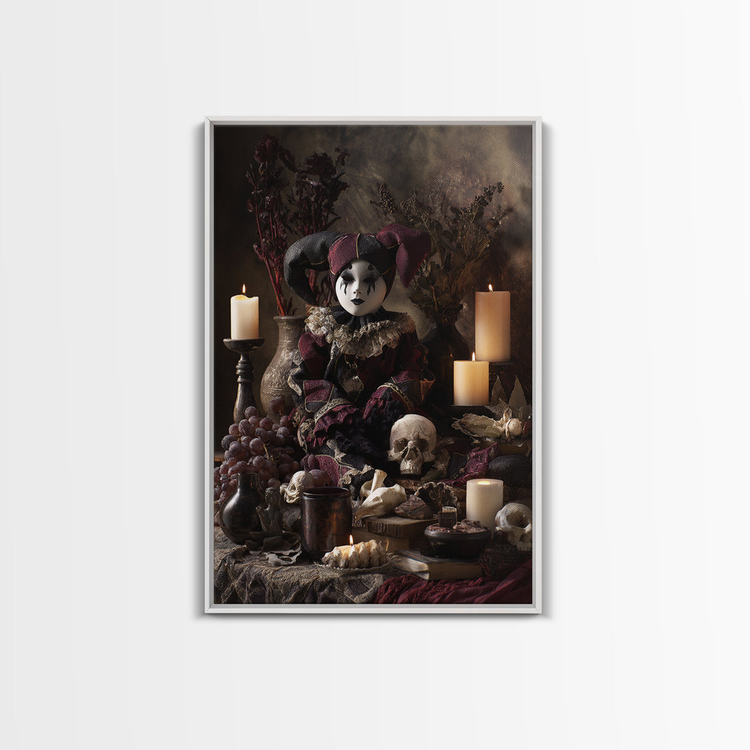 The Haunted Harlequin Doll - Occult Still Life, Halloween Wall Art, Vertical Wall Art, Framed Canvas Print, Halloween Home Decor