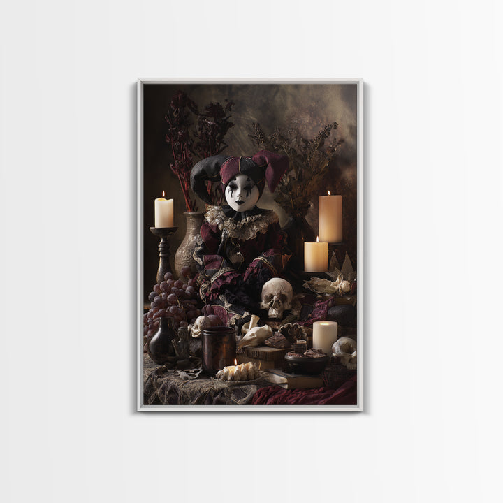The Haunted Harlequin Doll - Occult Still Life, Halloween Wall Art, Vertical Wall Art, Framed Canvas Print, Halloween Home Decor