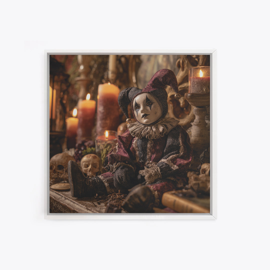 The Haunted Harlequin Doll - Occult Still Life, Spooky Wall Decor, Square Wall Art, Framed Canvas Print, Halloween Home Decor