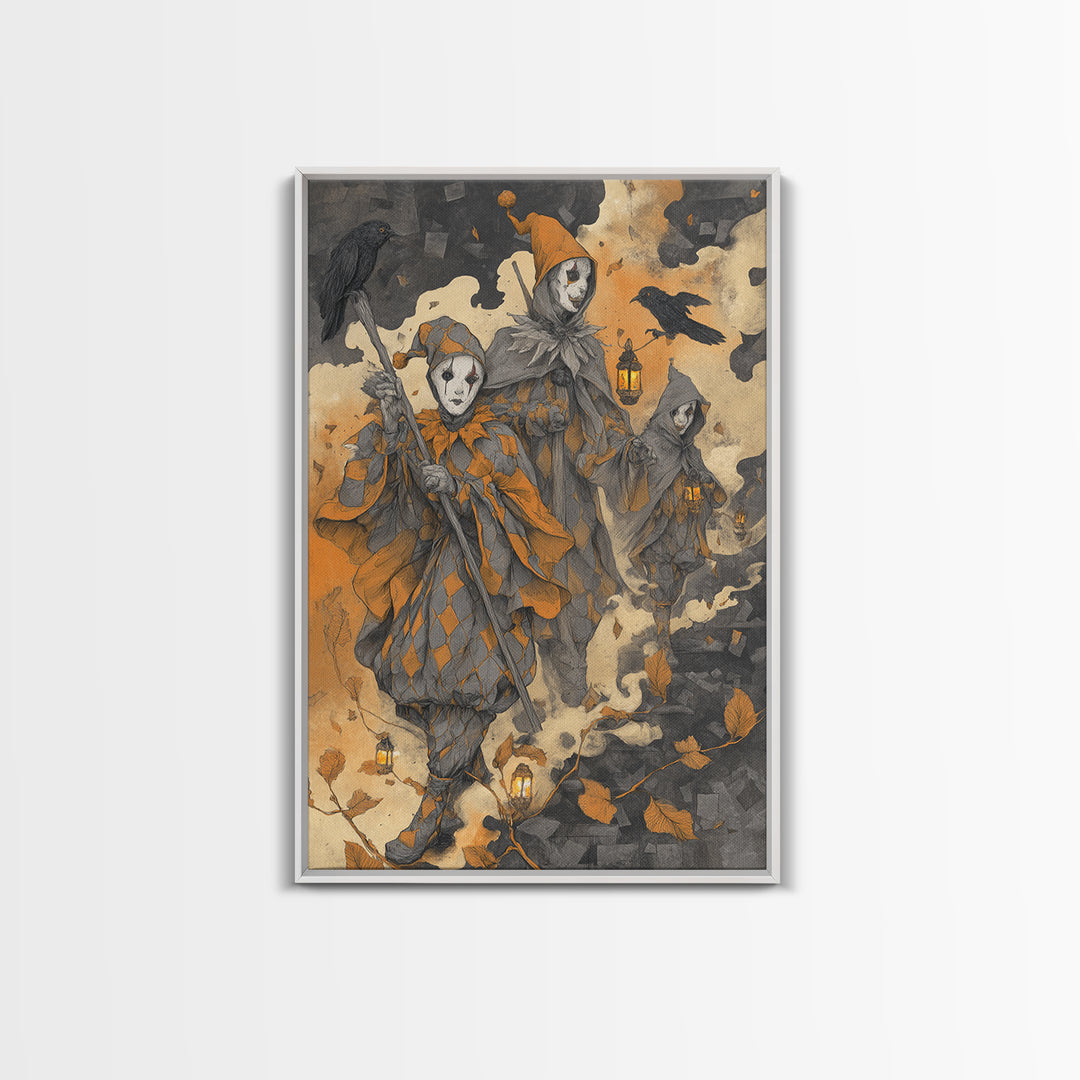 The Haunted Harlequin Doll - Procession Scene, Halloween Wall Art, Vertical Wall Art, Framed Canvas Print, Halloween Home Decor