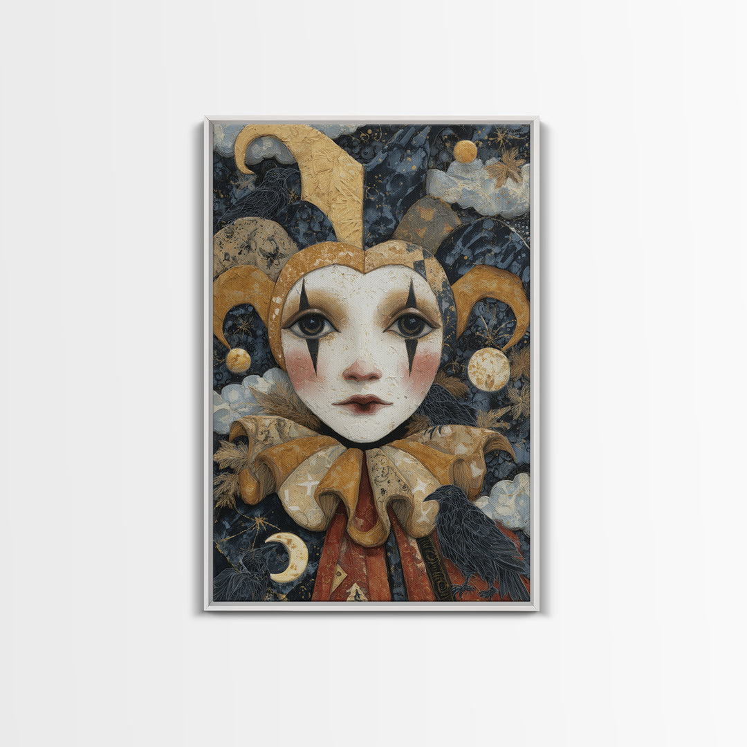 The Haunted Harlequin Doll - Surreal Celestial Vision, Dark Fantasy Wall Art, Vertical Wall Art, Canvas Print, Halloween Home Decor