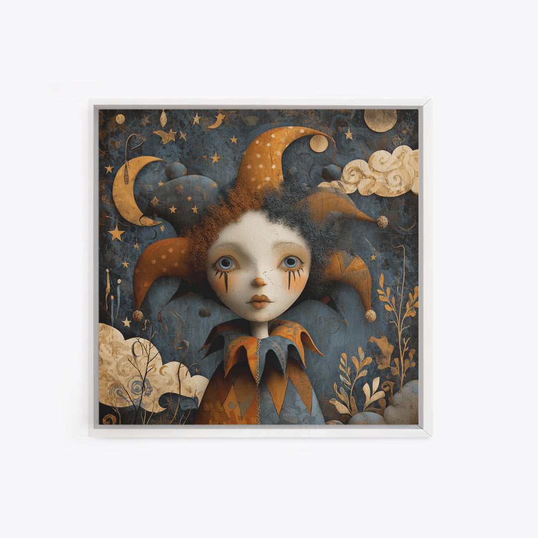 The Haunted Harlequin Doll - Surreal Celestial Vision, Halloween Wall Art, Square Wall Art, Framed Canvas Print, Halloween Home Decor