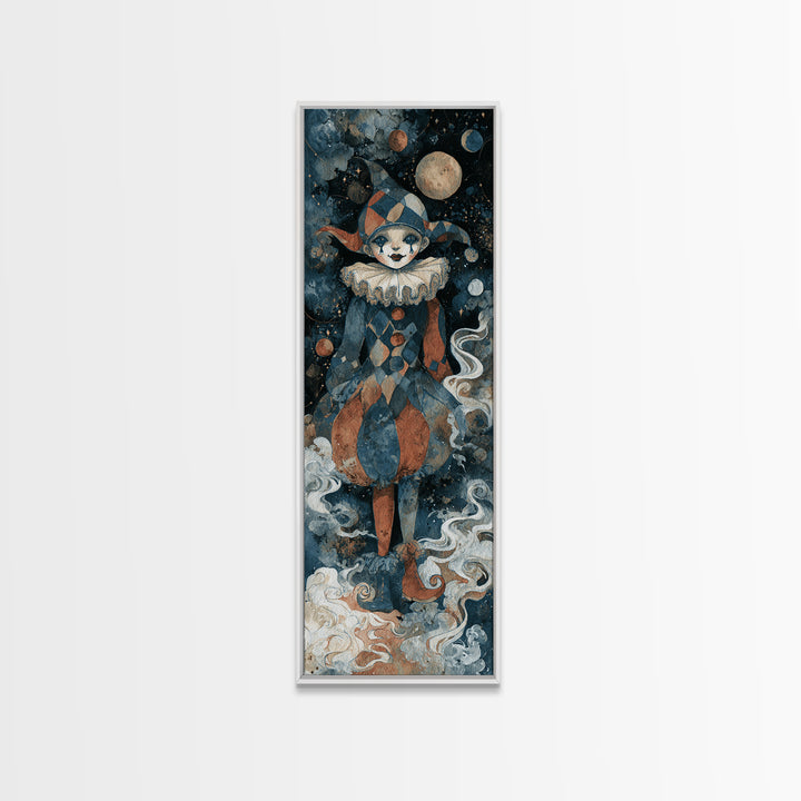 The Haunted Harlequin Doll - Surreal Celestial Vision, Dark Fantasy Wall Art, Tall Narrow Wall Art, Canvas Print, Halloween Home Decor