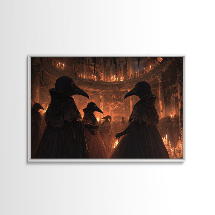 The Raven-Masked Ballroom - Icon Portrait, Macabre Halloween Art, Landscape Wall Art, Framed Canvas Print, Halloween Home Decor