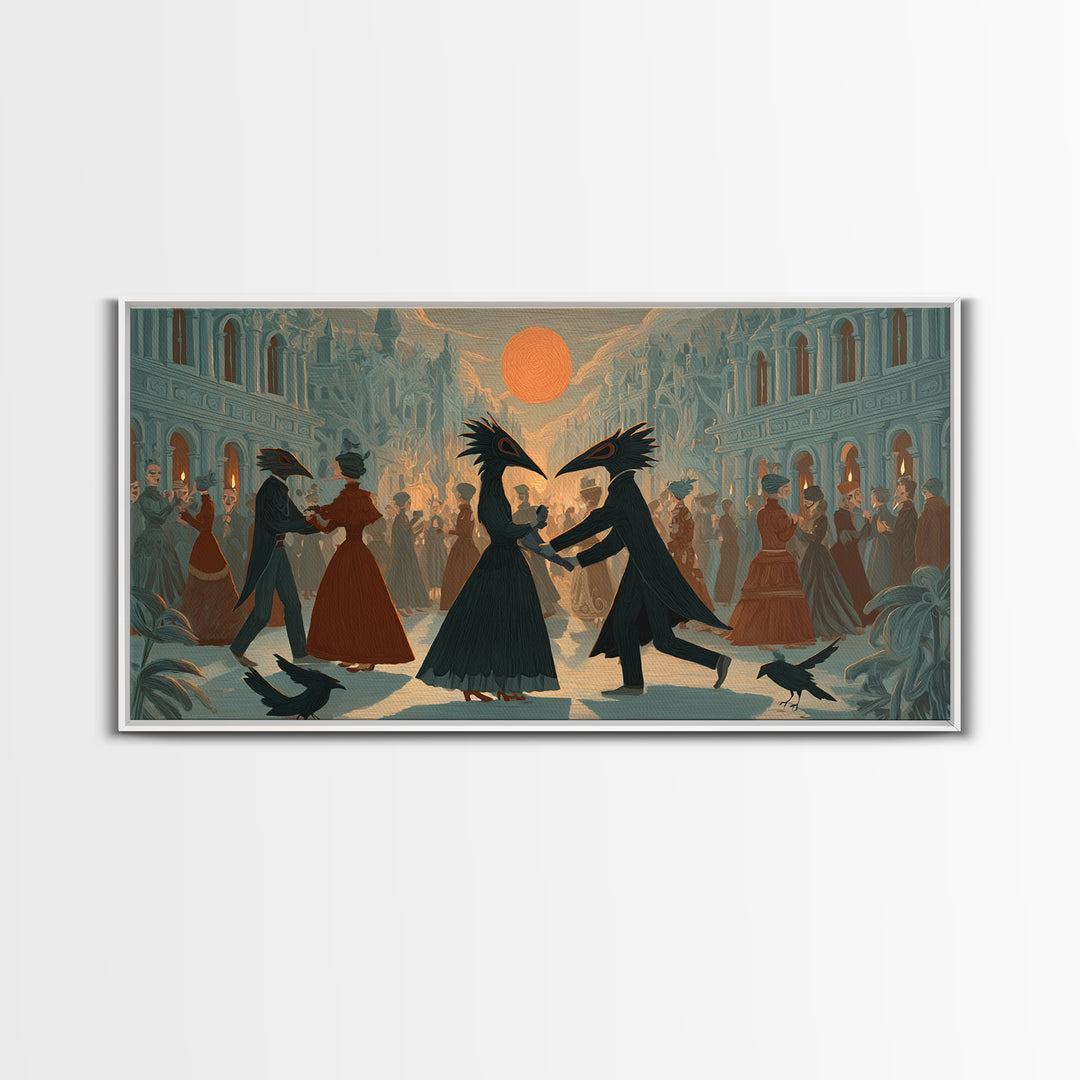 The Raven-Masked Ballroom - Environmental Panorama, Macabre Halloween Art, Wide Panoramic Art, Framed Canvas Print, Halloween Home Decor