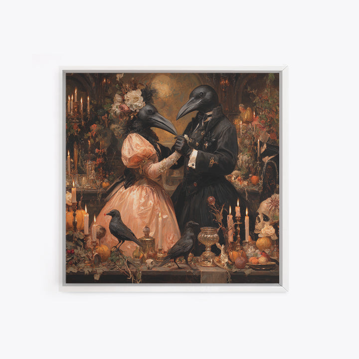 The Raven-Masked Ballroom - Occult Still Life, Spooky Wall Decor, Square Wall Art, Framed Canvas Print, Halloween Home Decor