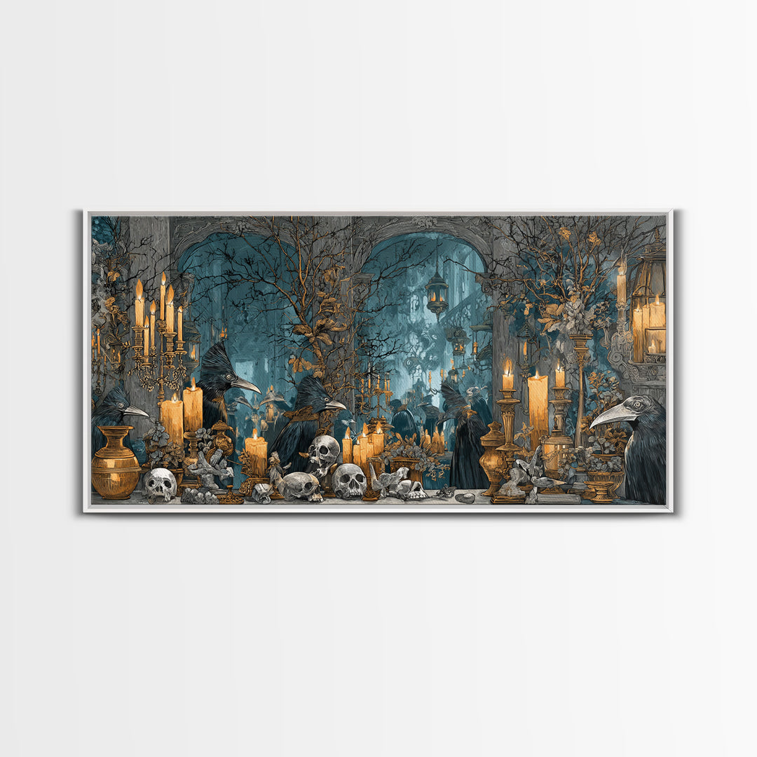 The Raven-Masked Ballroom - Occult Still Life, Halloween Wall Art, Wide Panoramic Art, Framed Canvas Print, Halloween Home Decor