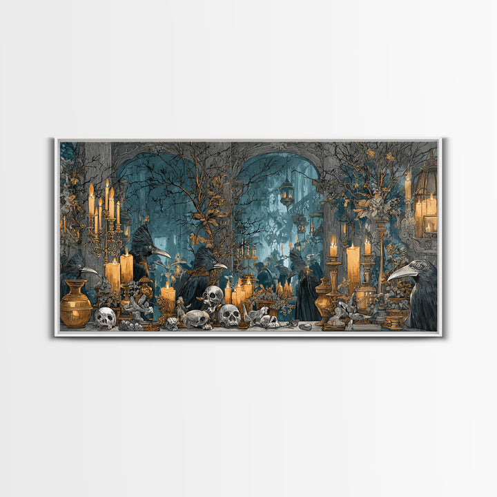 The Raven-Masked Ballroom - Occult Still Life, Halloween Wall Art, Wide Panoramic Art, Framed Canvas Print, Halloween Home Decor