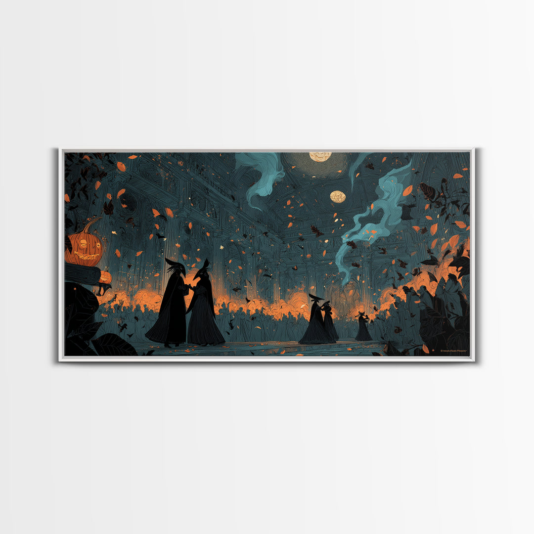 The Raven-Masked Ballroom - Procession Scene, Spooky Wall Decor, Wide Panoramic Art, Framed Canvas Print, Halloween Home Decor