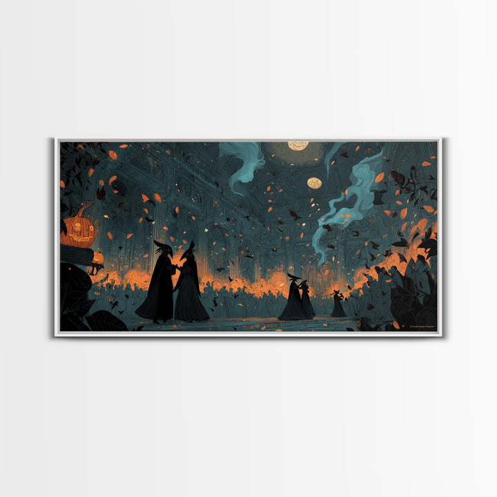 The Raven-Masked Ballroom - Procession Scene, Spooky Wall Decor, Wide Panoramic Art, Framed Canvas Print, Halloween Home Decor