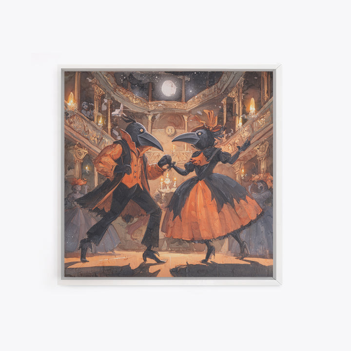 The Raven-Masked Ballroom - Surreal Celestial Vision, Macabre Halloween Art, Square Wall Art, Framed Canvas Print, Halloween Home Decor