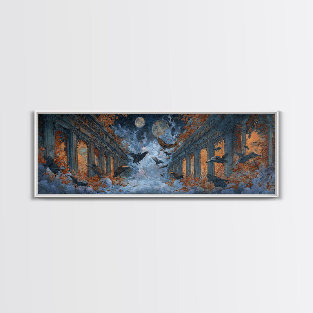 The Raven-Masked Ballroom - Surreal Celestial Vision, Dark Fantasy Wall Art, Extra Wide Wall Art, Canvas Print, Halloween Home Decor