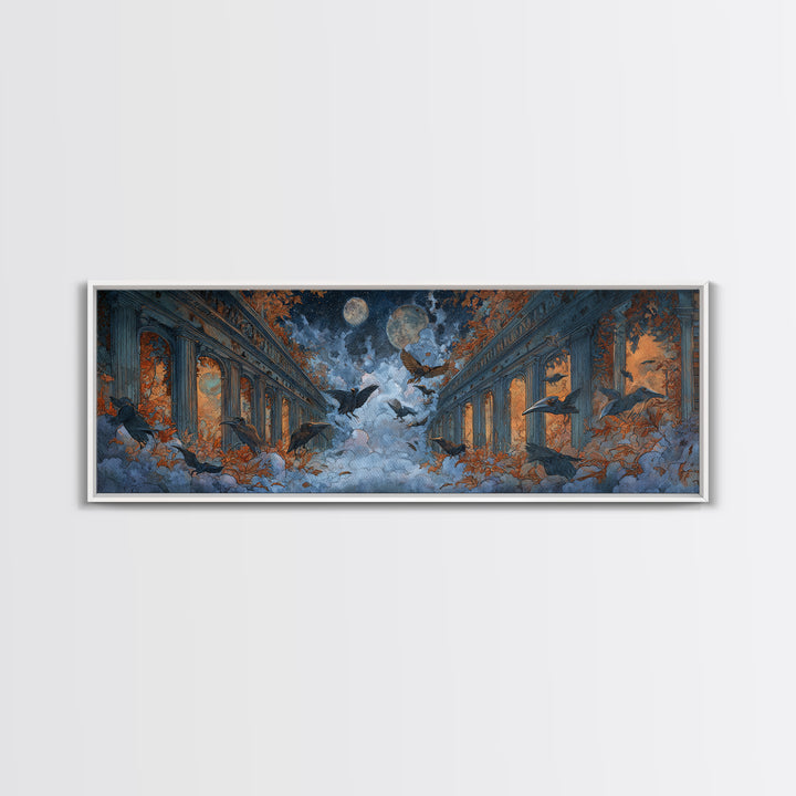 The Raven-Masked Ballroom - Surreal Celestial Vision, Dark Fantasy Wall Art, Extra Wide Wall Art, Canvas Print, Halloween Home Decor