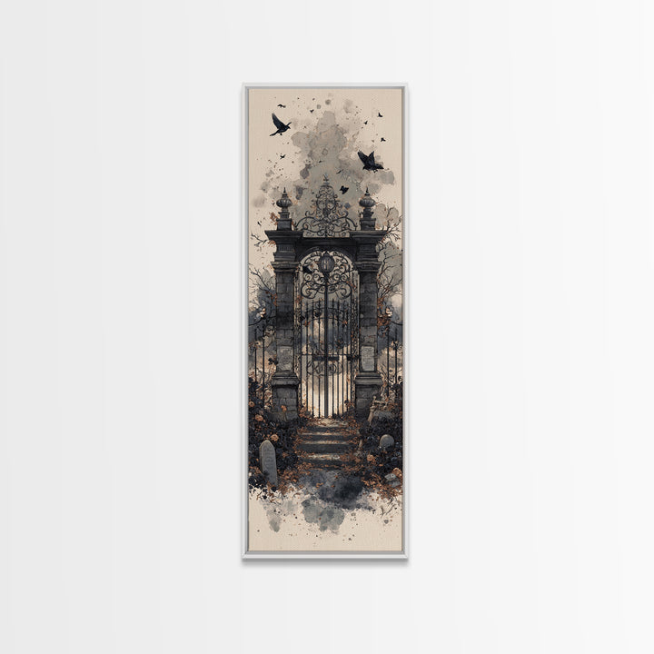 The Black Rose Cemetery Gate - Icon Portrait, Halloween Wall Art, Tall Narrow Wall Art, Framed Canvas Print, Halloween Home Decor