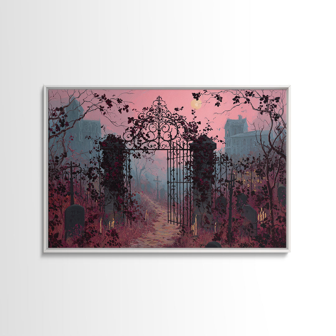 The Black Rose Cemetery Gate - Environmental Panorama, Macabre Halloween Art, Landscape Wall Art, Framed Canvas Print, Halloween Home Decor