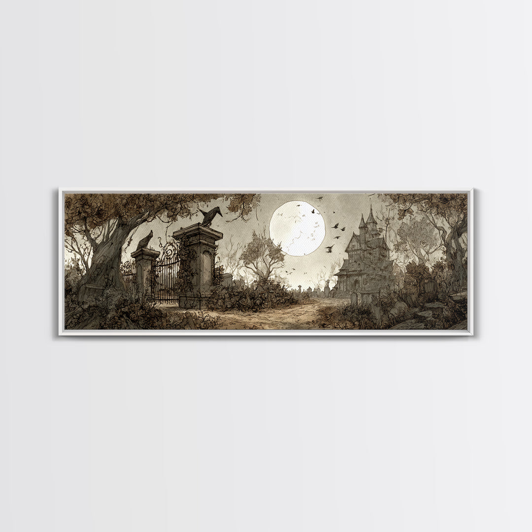 The Black Rose Cemetery Gate - Environmental Panorama, Macabre Halloween Art, Extra Wide Wall Art, Framed Canvas Print, Halloween Home Decor