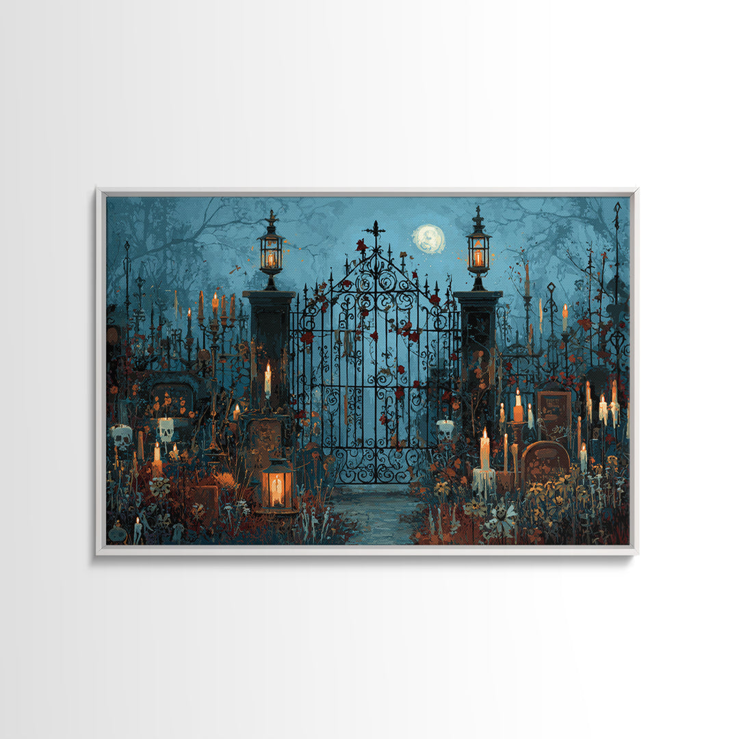 The Black Rose Cemetery Gate - Occult Still Life, Macabre Halloween Art, Landscape Wall Art, Framed Canvas Print, Halloween Home Decor