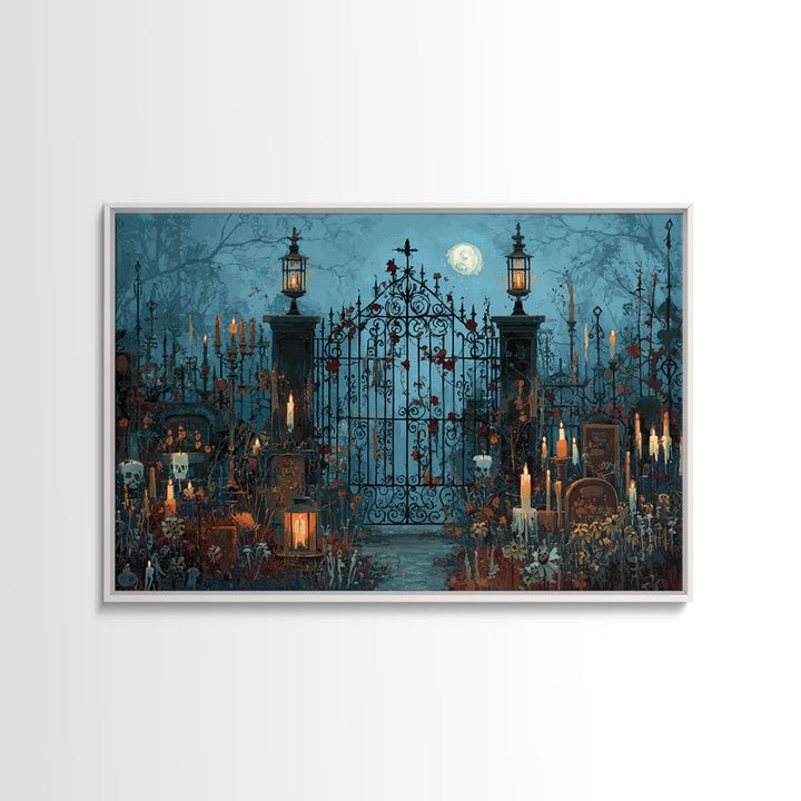 The Black Rose Cemetery Gate - Occult Still Life, Macabre Halloween Art, Landscape Wall Art, Framed Canvas Print, Halloween Home Decor