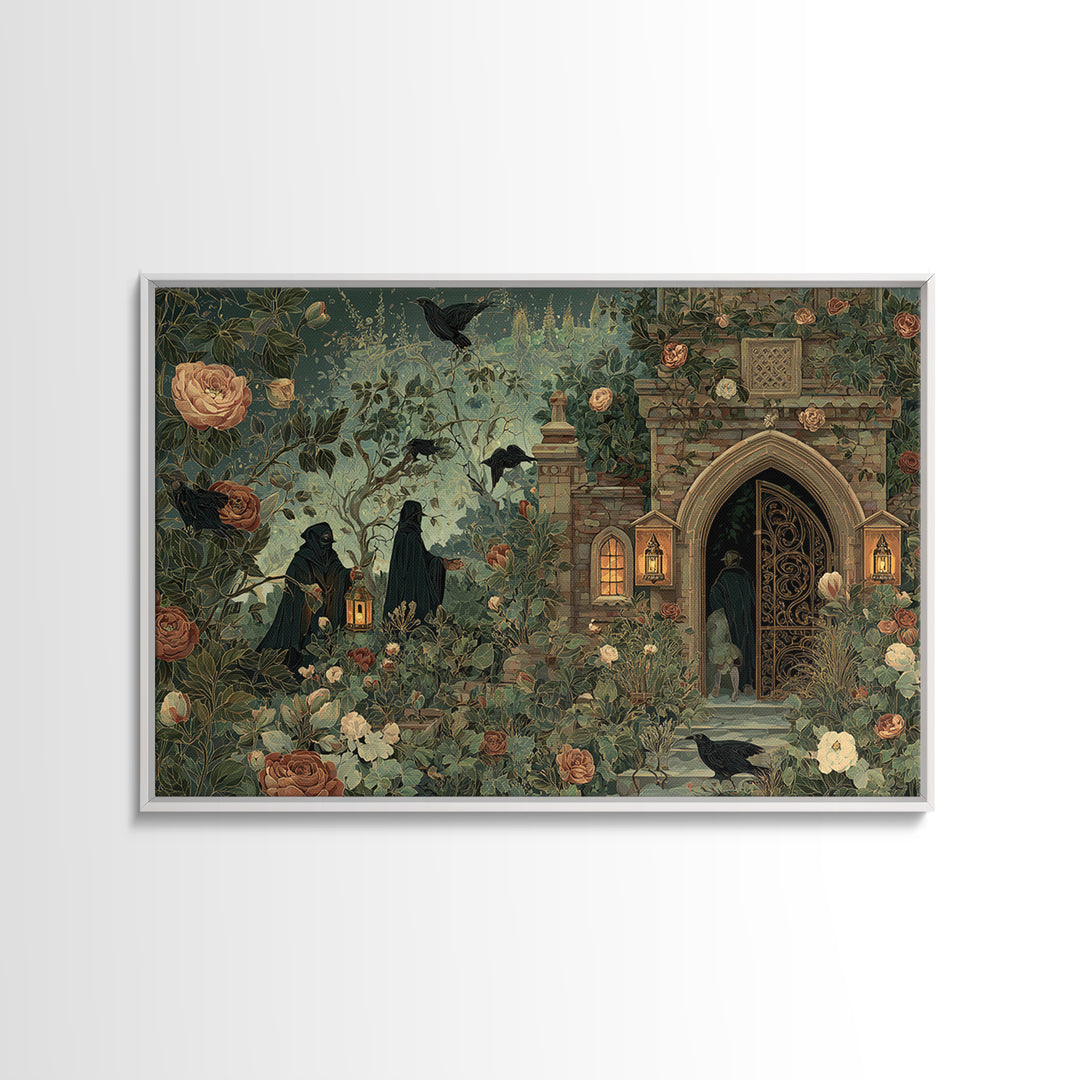 The Black Rose Cemetery Gate - Procession Scene, Macabre Halloween Art, Landscape Wall Art, Framed Canvas Print, Halloween Home Decor