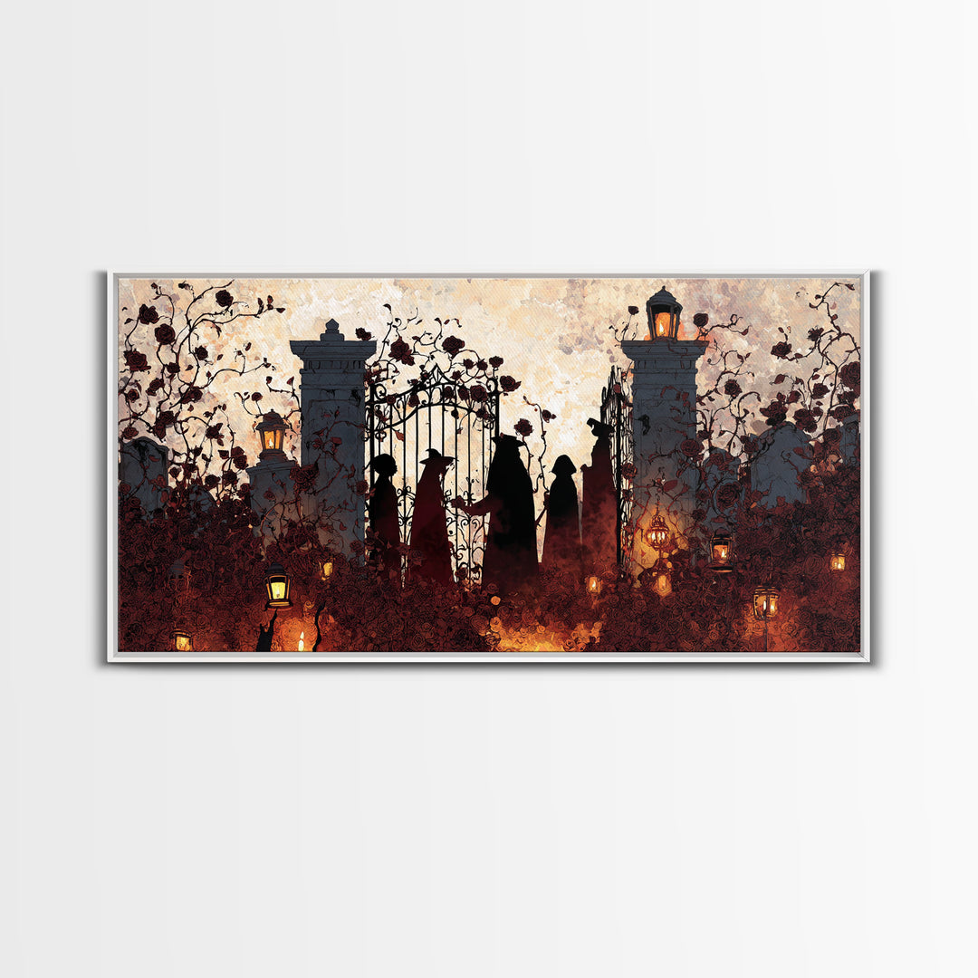 The Black Rose Cemetery Gate - Procession Scene, Spooky Wall Decor, Wide Panoramic Art, Framed Canvas Print, Halloween Home Decor