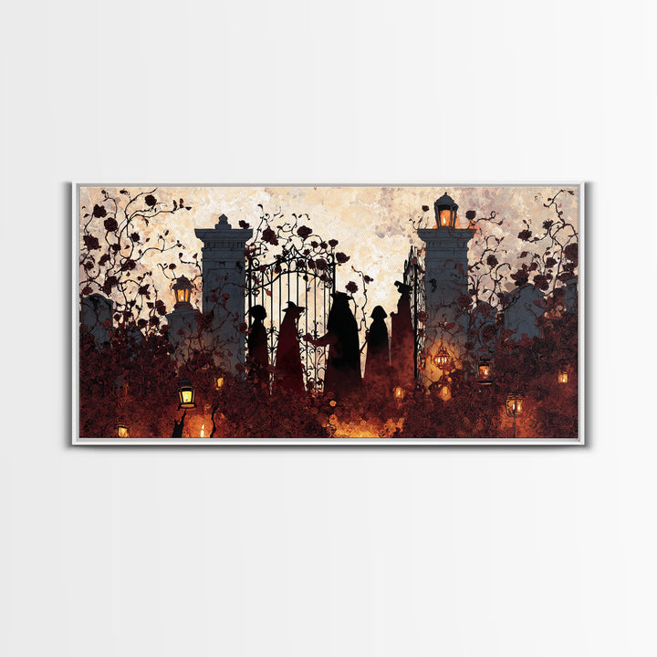 The Black Rose Cemetery Gate - Procession Scene, Spooky Wall Decor, Wide Panoramic Art, Framed Canvas Print, Halloween Home Decor