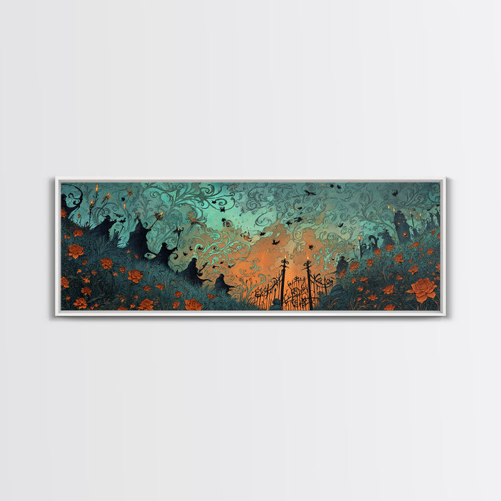 The Black Rose Cemetery Gate - Procession Scene, Dark Fantasy Wall Art, Extra Wide Wall Art, Canvas Print, Halloween Home Decor