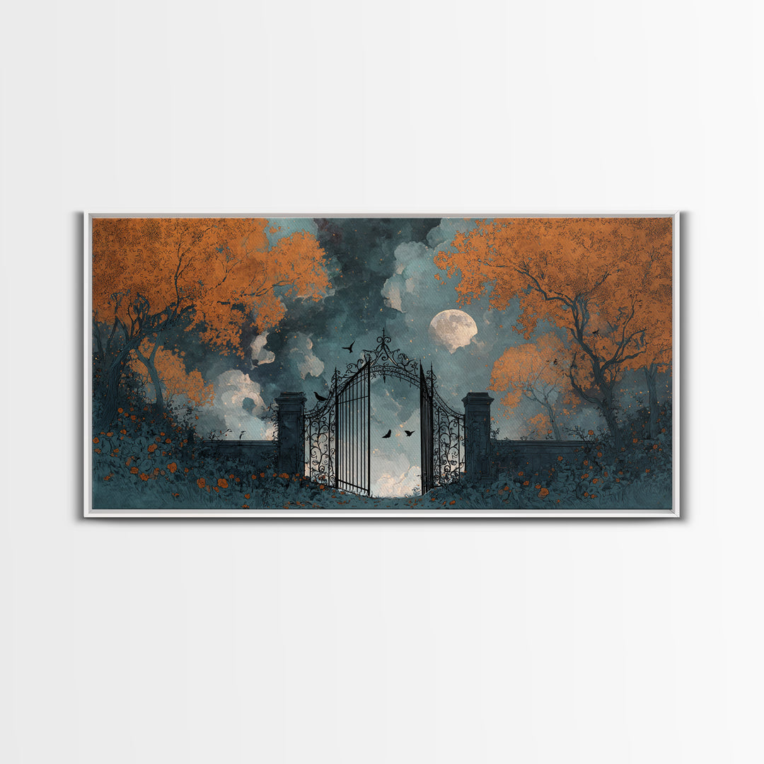 The Black Rose Cemetery Gate - Surreal Celestial Vision, Occult Wall Decor, Wide Panoramic Art, Canvas Print, Halloween Home Decor
