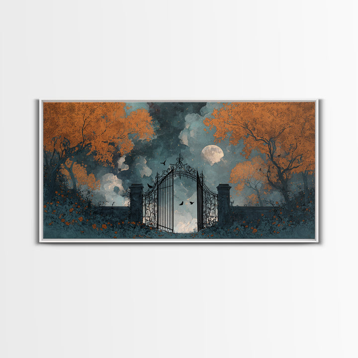 The Black Rose Cemetery Gate - Surreal Celestial Vision, Occult Wall Decor, Wide Panoramic Art, Canvas Print, Halloween Home Decor