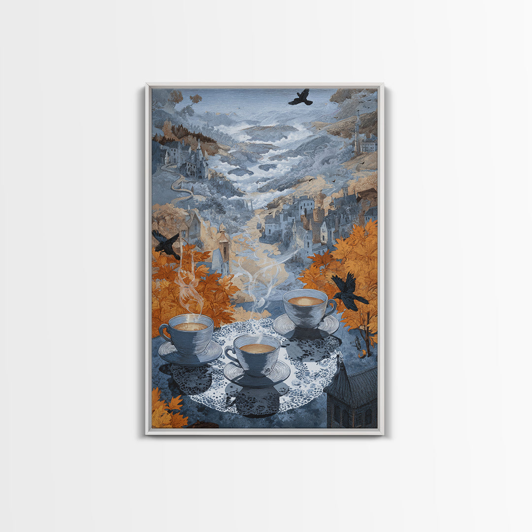 The Haunted Teacup Seance - Environmental Panorama, Spooky Wall Decor, Vertical Wall Art, Framed Canvas Print, Halloween Home Decor
