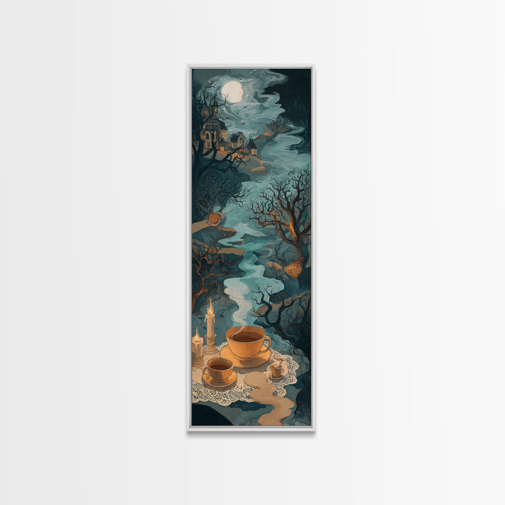 The Haunted Teacup Seance - Environmental Panorama, Spooky Wall Decor, Tall Narrow Wall Art, Framed Canvas Print, Halloween Home Decor