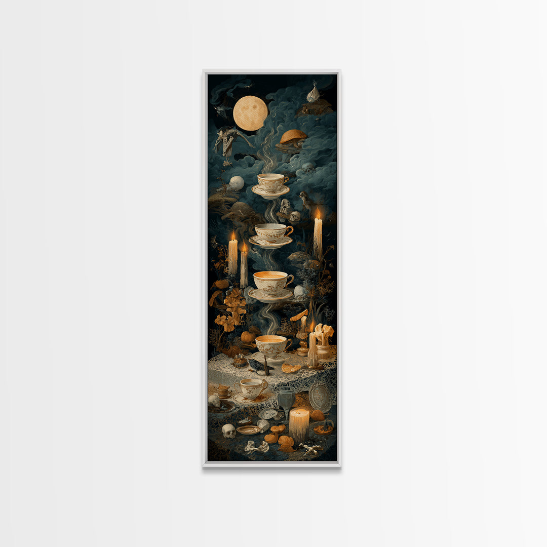 The Haunted Teacup Seance - Occult Still Life, Dark Fantasy Wall Art, Tall Narrow Wall Art, Canvas Print, Halloween Home Decor