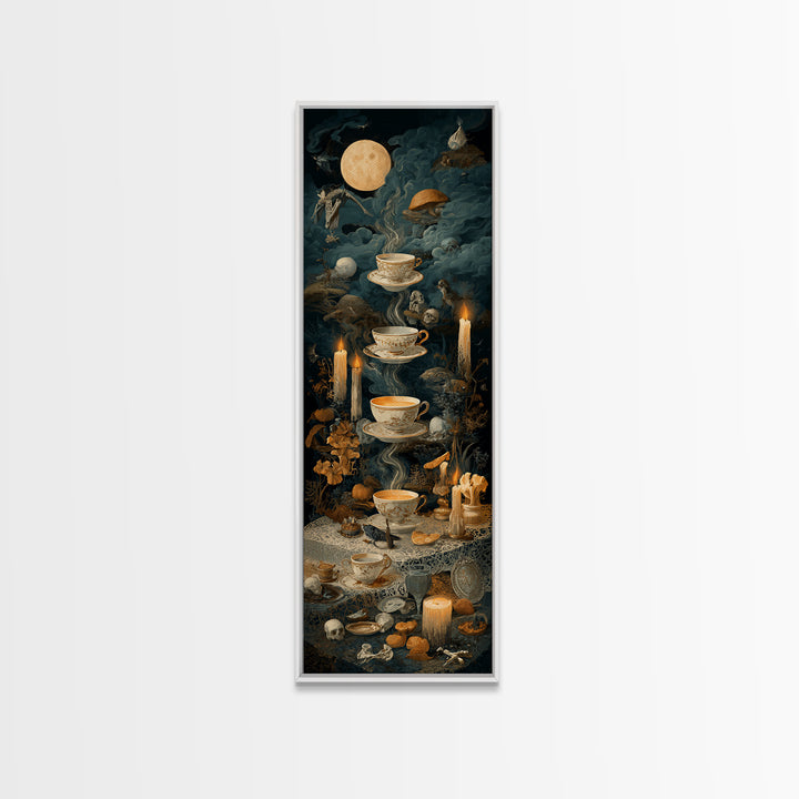 The Haunted Teacup Seance - Occult Still Life, Dark Fantasy Wall Art, Tall Narrow Wall Art, Canvas Print, Halloween Home Decor