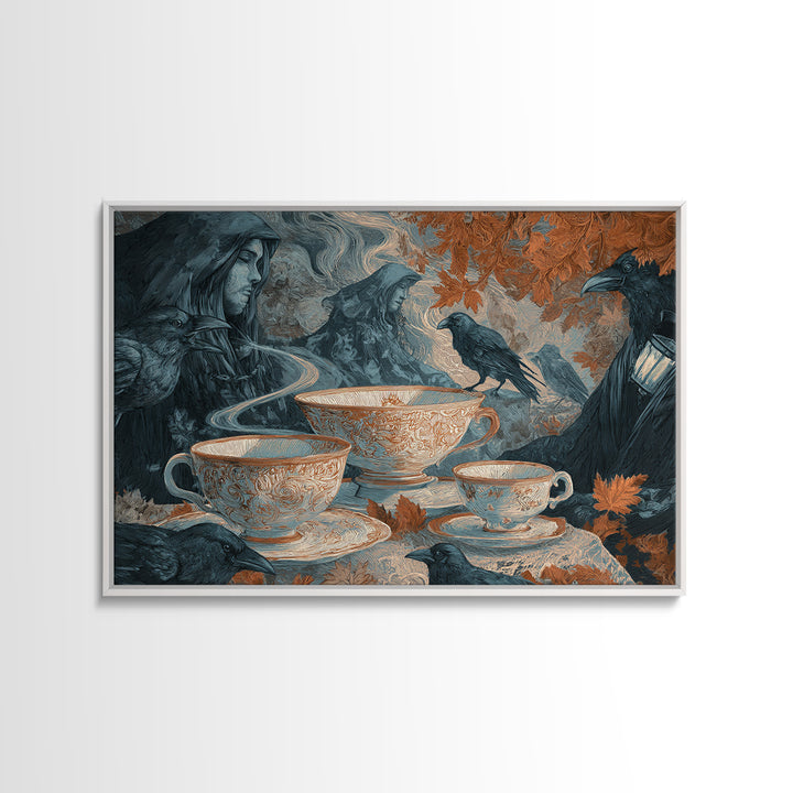 The Haunted Teacup Seance - Procession Scene, Macabre Halloween Art, Landscape Wall Art, Framed Canvas Print, Halloween Home Decor