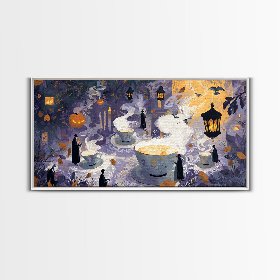 The Haunted Teacup Seance - Procession Scene, Dark Fantasy Wall Art, Wide Panoramic Art, Canvas Print, Halloween Home Decor, Gothic Wall Art