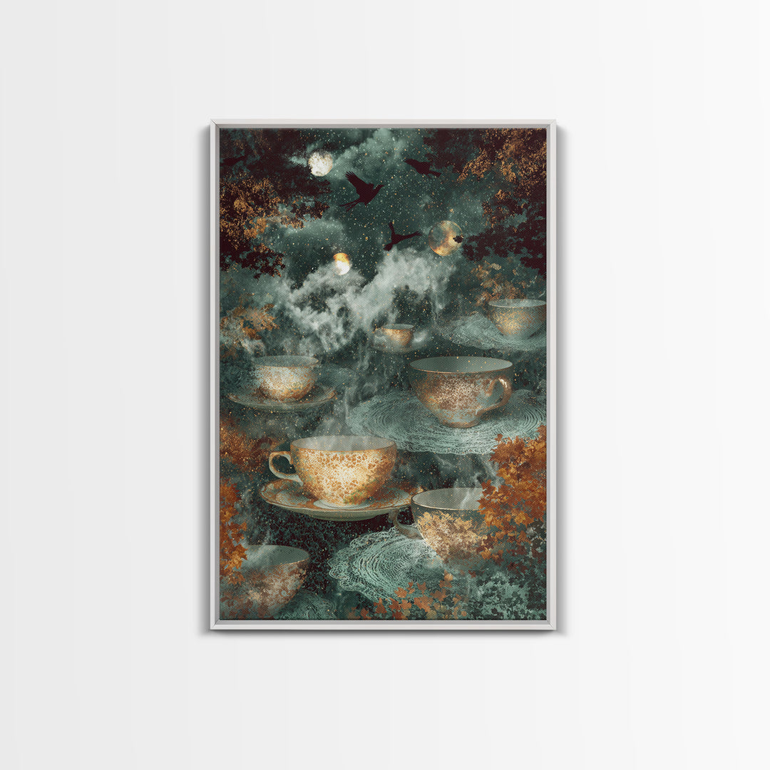 The Haunted Teacup Seance - Surreal Celestial Vision, Gothic Home Decor, Vertical Wall Art, Canvas Print, Halloween Home Decor