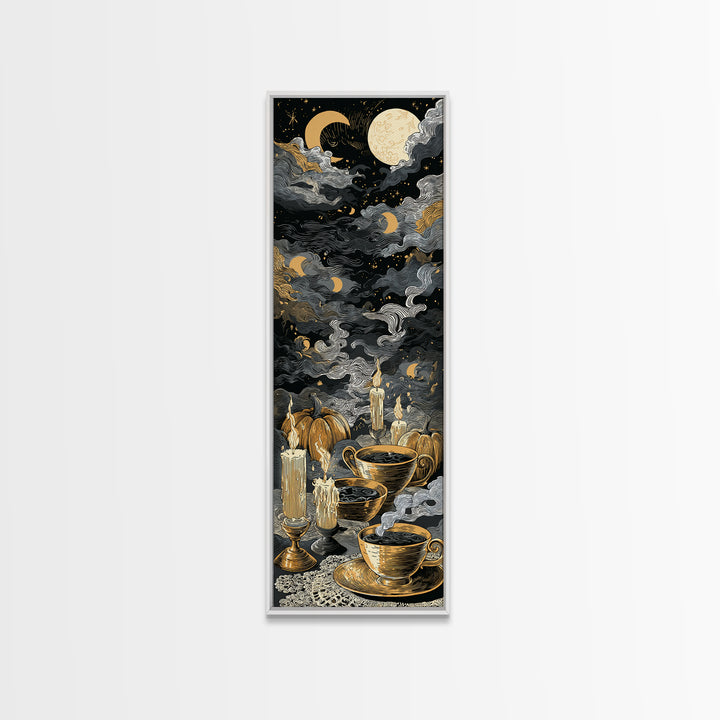 The Haunted Teacup Seance - Surreal Celestial Vision, Macabre Halloween Art, Tall Narrow Wall Art, Framed Canvas Print, Halloween Home Decor