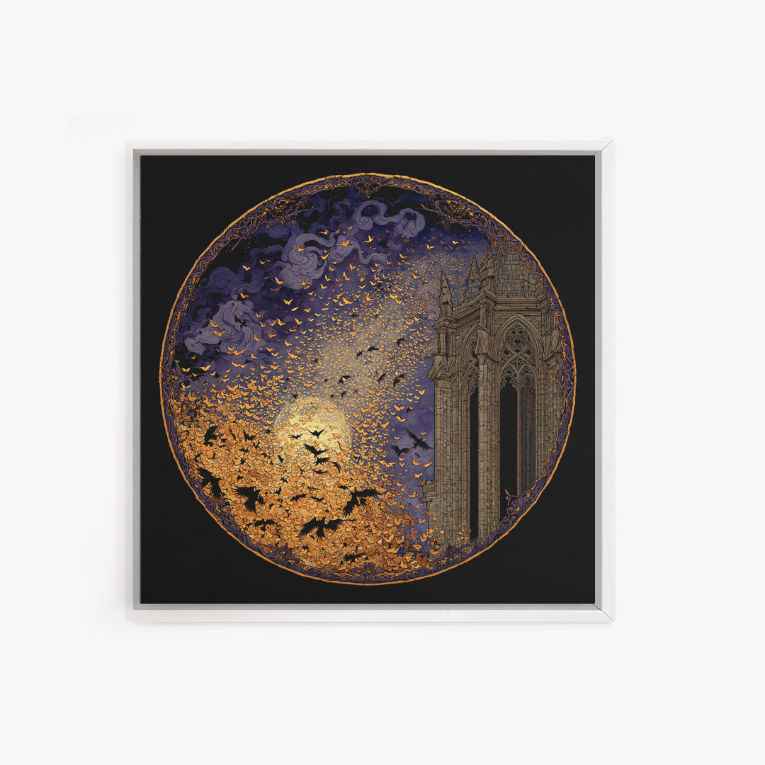 The Golden Bat Swarm - Icon Portrait, Gothic Home Decor, Square Wall Art, Canvas Print, Halloween Home Decor, Gothic Wall Art