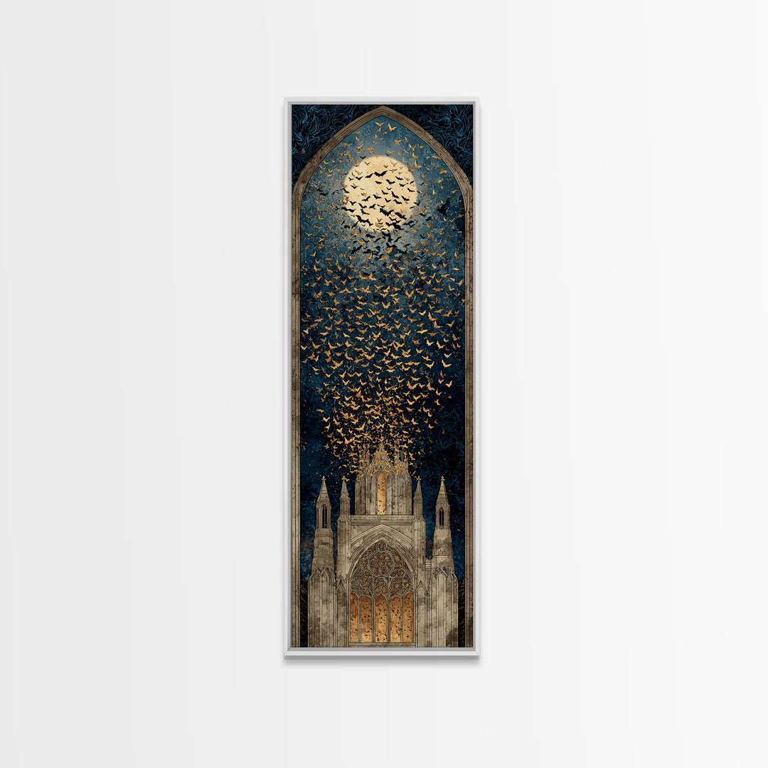 The Golden Bat Swarm - Icon Portrait, Macabre Halloween Art, Tall Narrow Wall Art, Framed Canvas Print, Halloween Home Decor