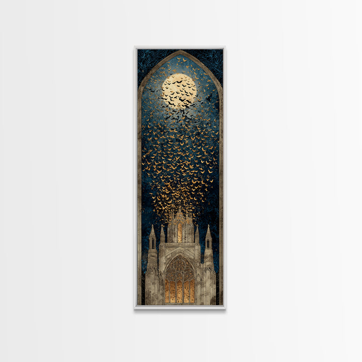 The Golden Bat Swarm - Icon Portrait, Macabre Halloween Art, Tall Narrow Wall Art, Framed Canvas Print, Halloween Home Decor