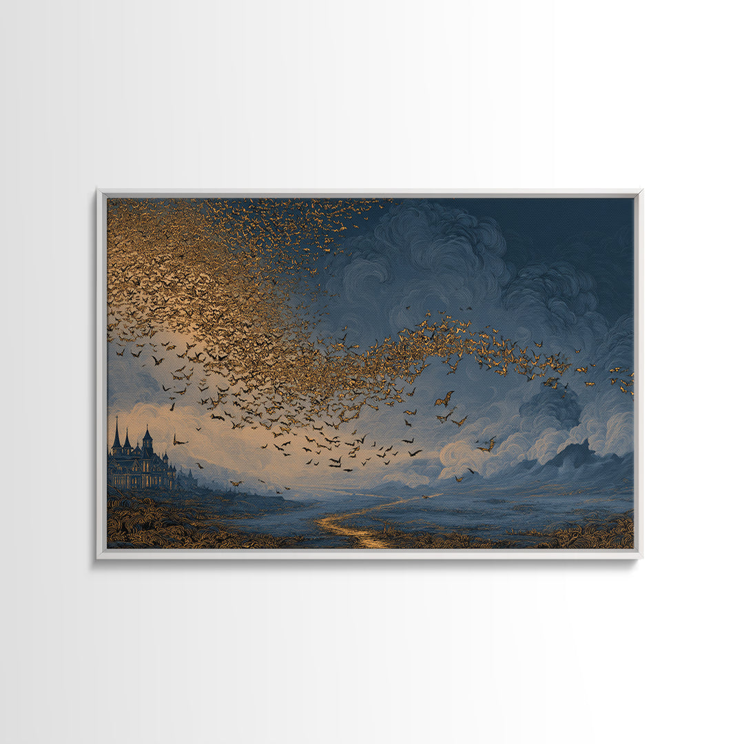 The Golden Bat Swarm - Environmental Panorama, Spooky Wall Decor, Landscape Wall Art, Framed Canvas Print, Halloween Home Decor