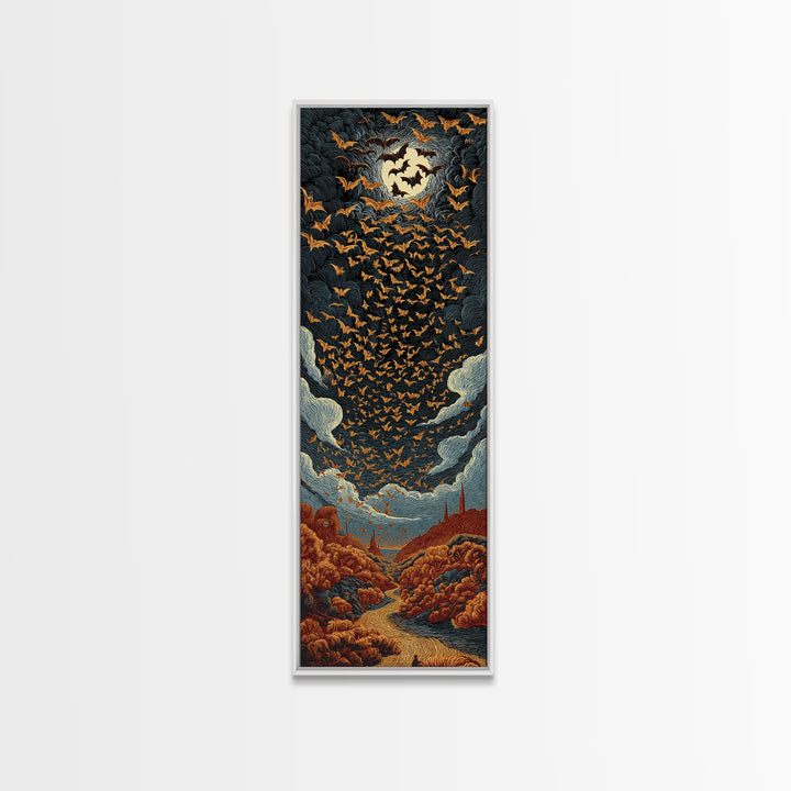 The Golden Bat Swarm - Environmental Panorama, Halloween Wall Art, Tall Narrow Wall Art, Framed Canvas Print, Halloween Home Decor
