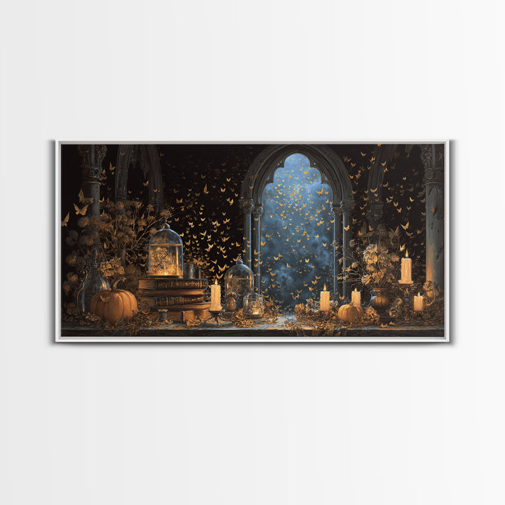 The Golden Bat Swarm - Occult Still Life, Gothic Home Decor, Wide Panoramic Art, Canvas Print, Halloween Home Decor, Gothic Wall Art