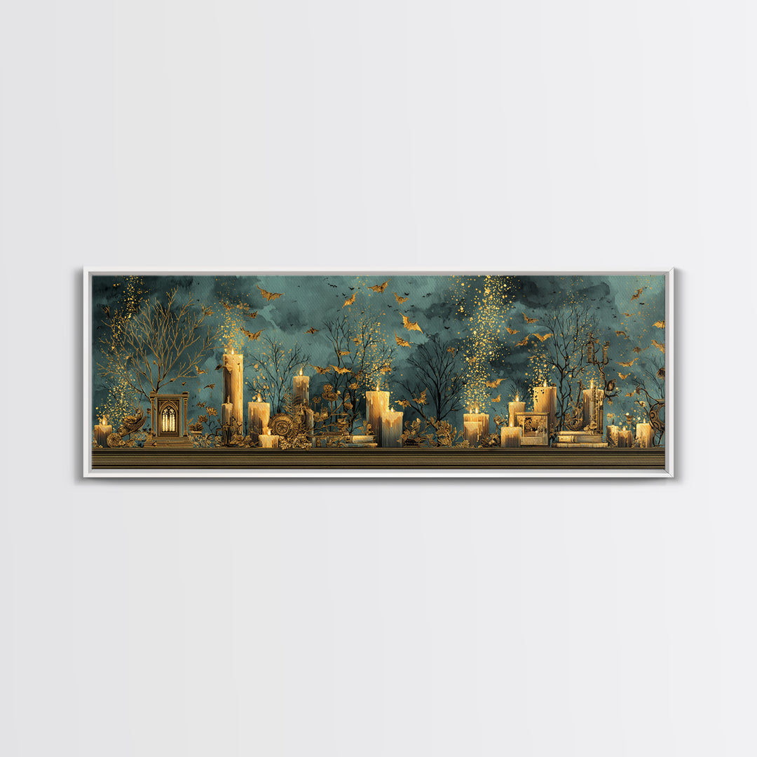 The Golden Bat Swarm - Occult Still Life, Macabre Halloween Art, Extra Wide Wall Art, Framed Canvas Print, Halloween Home Decor