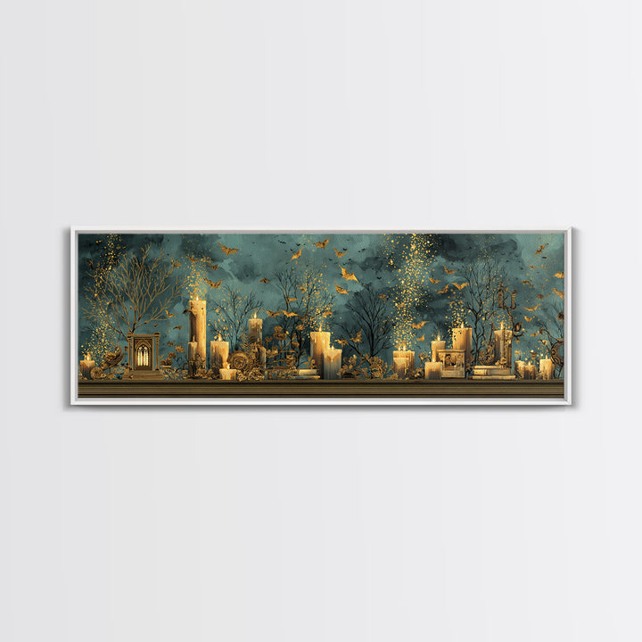 The Golden Bat Swarm - Occult Still Life, Macabre Halloween Art, Extra Wide Wall Art, Framed Canvas Print, Halloween Home Decor